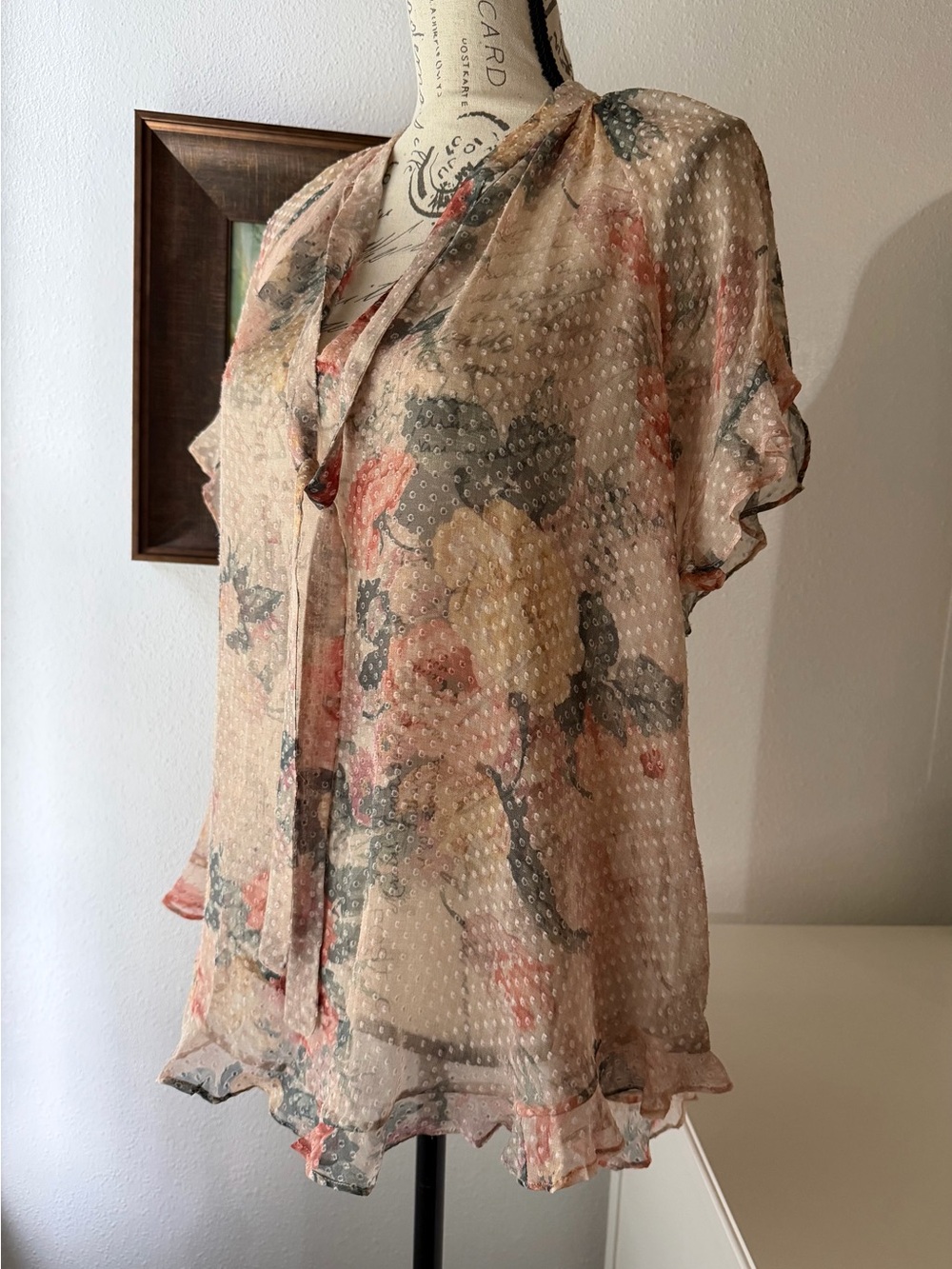 Zimmermann Sheer Peach Floral Tie-Neck Blouse